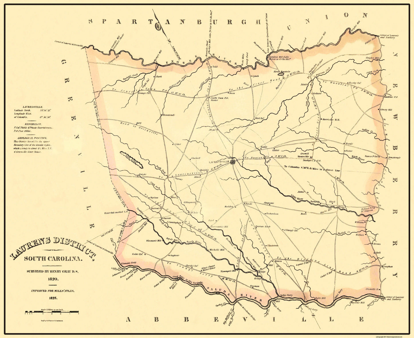 Historic County Map - Laurens County South Carolina - Mills 1825 - 28.13 x 23 - Vintage Wall Art