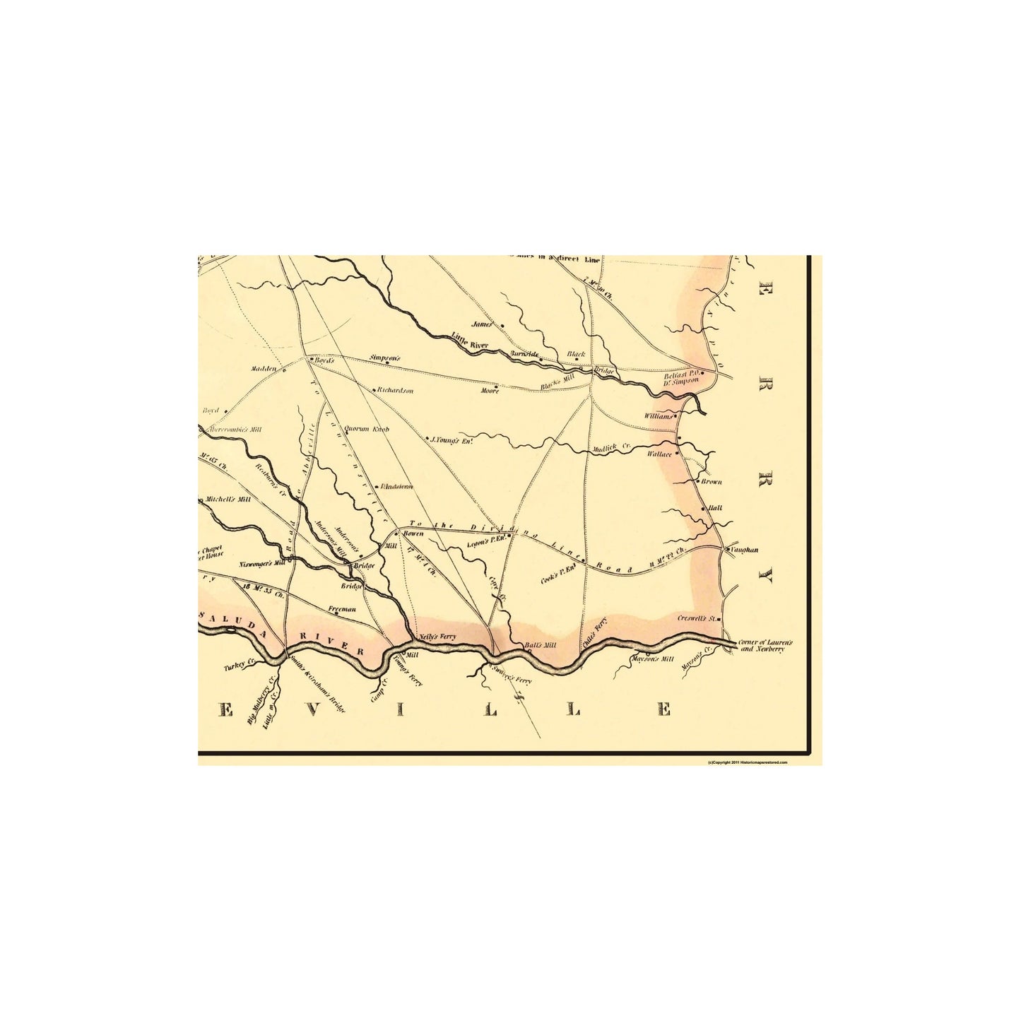 Historic County Map - Laurens County South Carolina - Mills 1825 - 28.13 x 23 - Vintage Wall Art