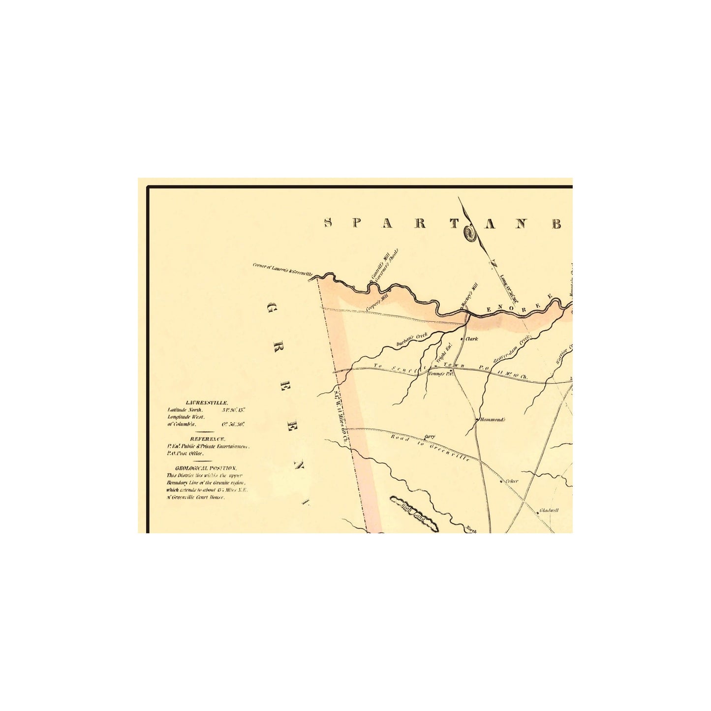 Historic County Map - Laurens County South Carolina - Mills 1825 - 28.13 x 23 - Vintage Wall Art