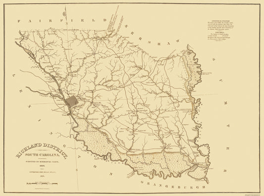 Historic County Map - Richland County South Carolina - Mills 1825 - 31 x 23 - Vintage Wall Art