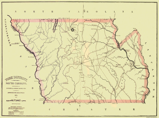 Historic County Map - York County South Carolina - Mills 1825 - 31 x 23 - Vintage Wall Art