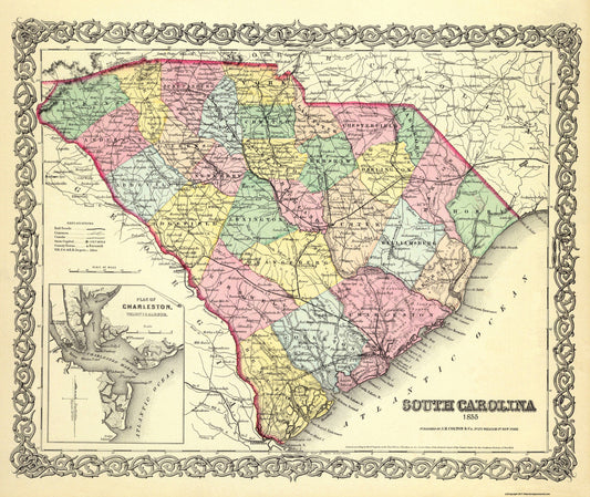 Historic State Map - South Carolina - Colton 1855 - 27.31 x 23 - Vintage Wall Art