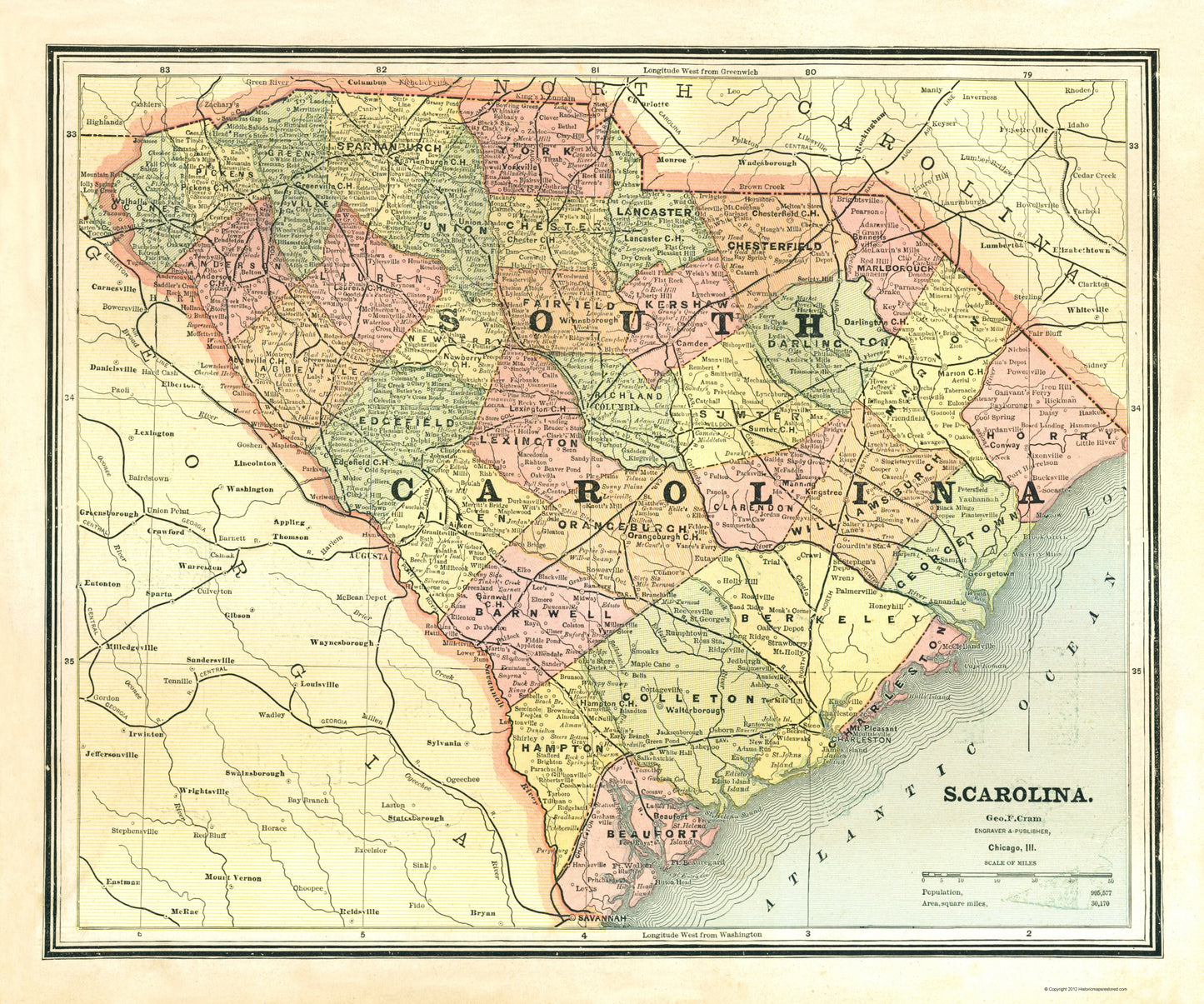 Historic State Map - South Carolina - Cram 1886 - 23 x 27.59 - Vintage Wall Art