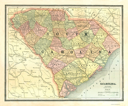 Historic State Map - South Carolina - Cram 1886 - 23 x 27.59 - Vintage Wall Art