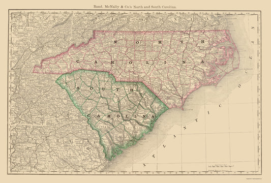 Historic State Map - North Carolina South Carolina - Rand McNally 1879 - 23 x 34.03 - Vintage Wall Art