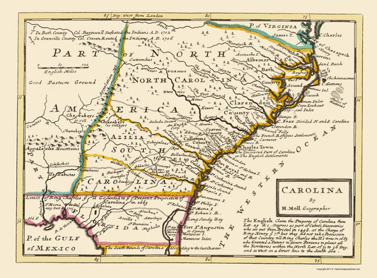 Historic State Map - Carolinas - Bowles 1736 - 23 x 31.13 - Vintage Wall Art