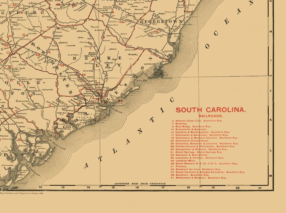 Historic State Map - South Carolina - 1900 - 30.94 x 23 - Vintage Wall Art