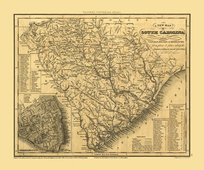 Historic State Map - South Carolina - Tanner 1836 - 27.68 x 23 - Vintage Wall Art