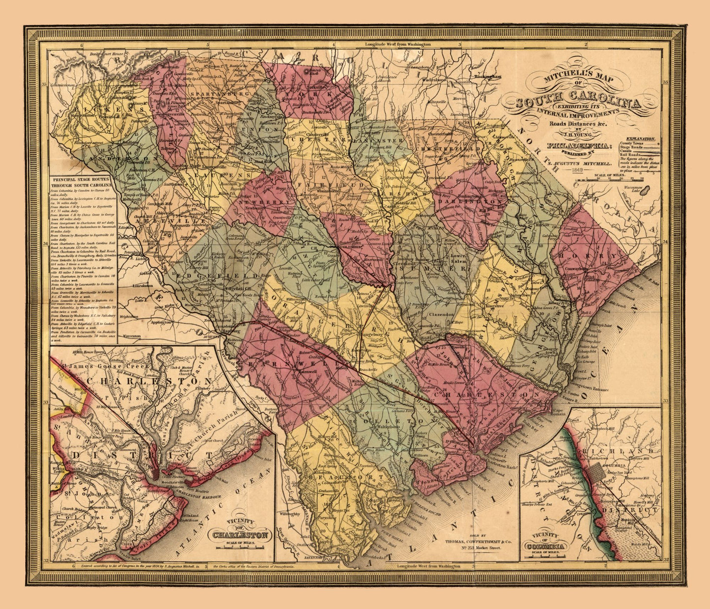 Historic State Map - South Carolina - Mitchell 1849 - 26.80 x 23 - Vintage Wall Art