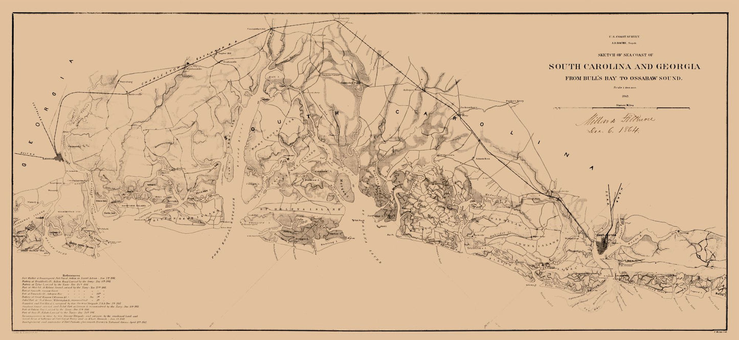 Historic State Map - South Carolina Sea Coast - Fillmore 1863 - 49.94 x 23 - Vintage Wall Art