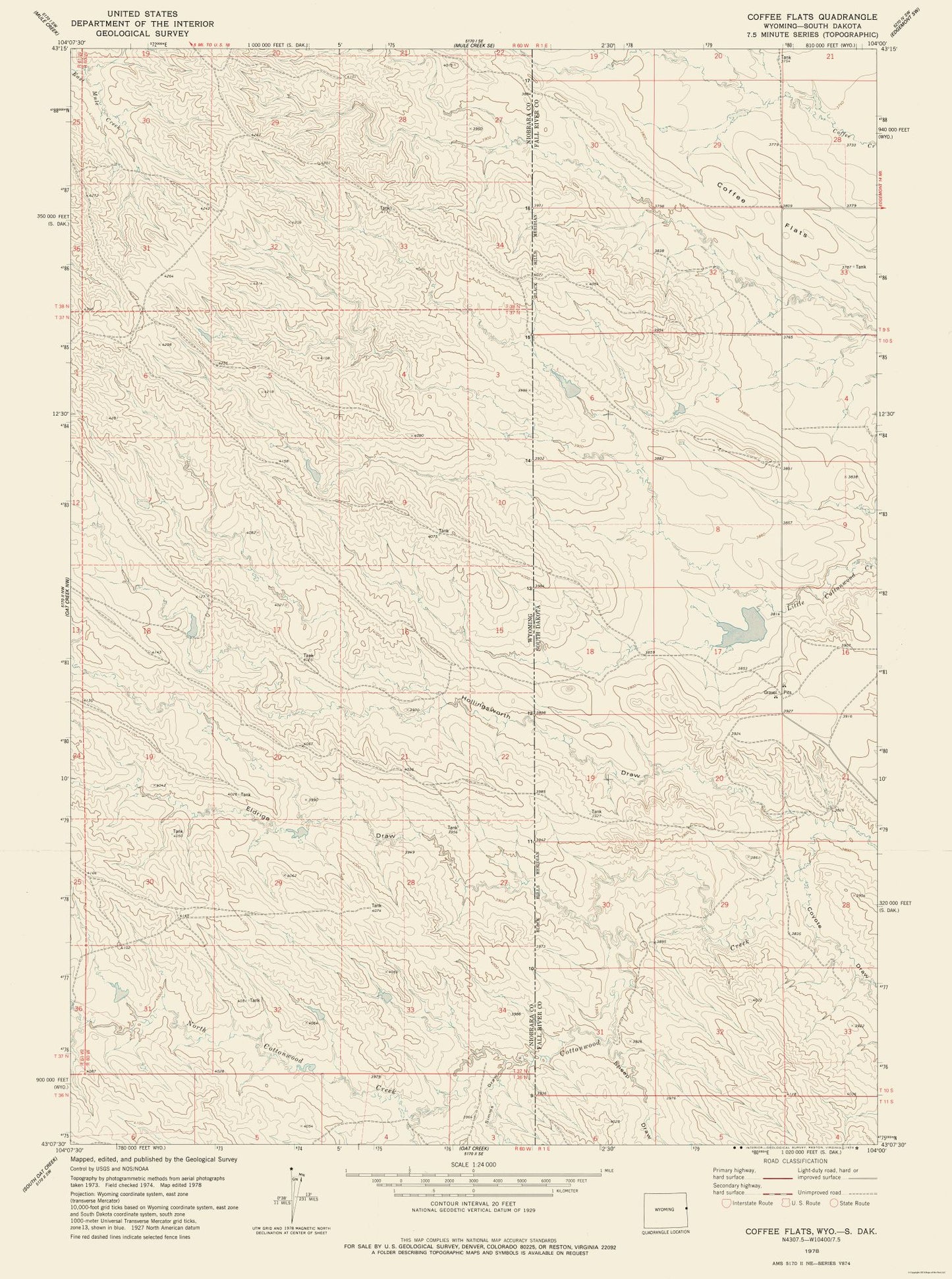 Topographical Map - Coffee Flats South Dakota Quad - USGS 1978 - 23 x 30.89 - Vintage Wall Art