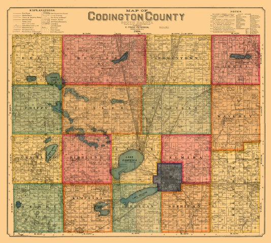 Historic County Map - Codington County South Dakota - Peterson 1898 - 25.71 x 23 - Vintage Wall Art