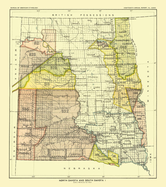Historic State Map - North Dakota South Dakota - Bismarck - Hoen 1896 - 23 x 25.92 - Vintage Wall Art