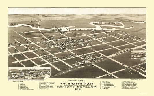 Historic Panoramic View - Flandreau South Dakota - Stoner 1883 - 23 x 36.87 - Vintage Wall Art