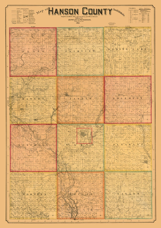 Historic County Map - Hanson County South Dakota - Peterson 1893 - 23 x 32.56 - Vintage Wall Art