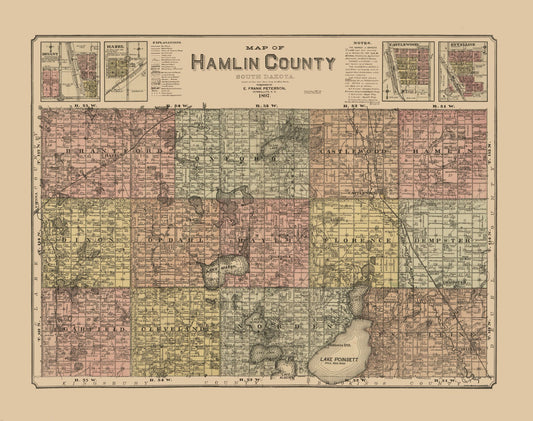 Historic County Map - Hamlin County South Dakota - Peterson 1897 - 29.13 x 23 - Vintage Wall Art