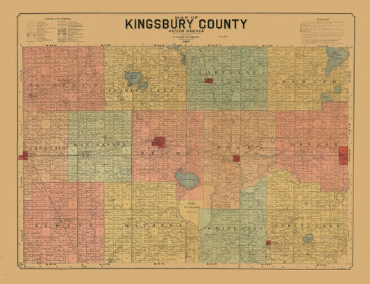 Historic County Map - Kingsbury County South Dakota - Peterson 1899 - 29.89 x 23 - Vintage Wall Art