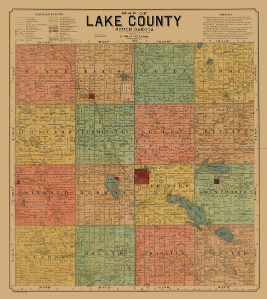 Historic County Map - Lake County South Dakota - Peterson 1899 - 23 x 25.77 - Vintage Wall Art