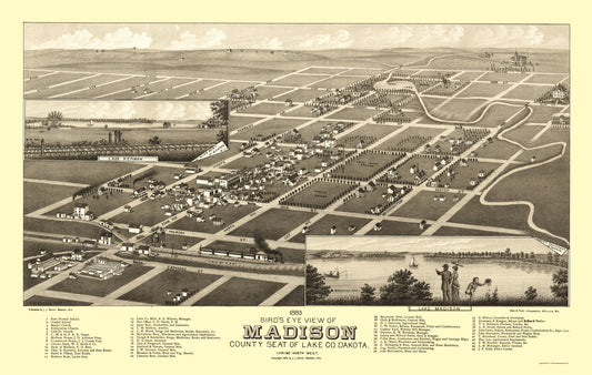 Historic Panoramic View - Madison South Dakota - Stoner 1883 - 23 x 36.28 - Vintage Wall Art