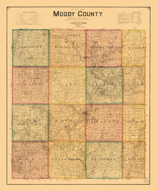 Historic County Map - Moody County South Dakota - Peterson 1896 - 23 x 27.98 - Vintage Wall Art