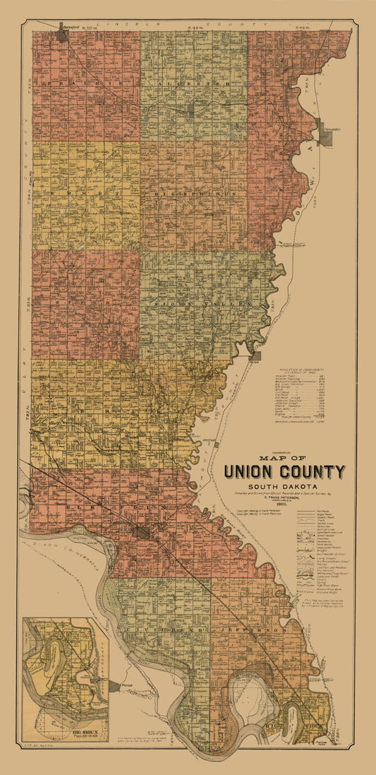 Historic County Map - Union County South Dakota - Peterson 1892 - 23 x 47.35 - Vintage Wall Art