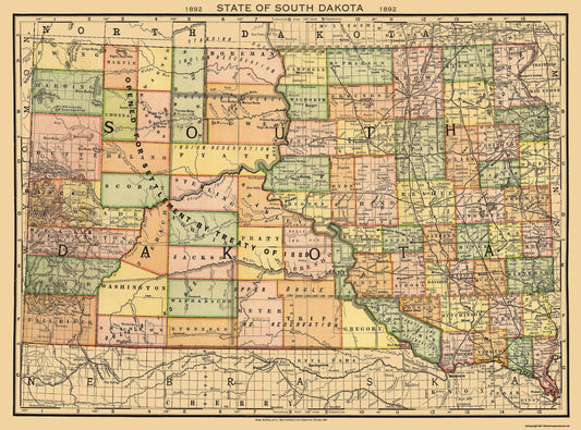 Historic State Map - South Dakota - Rand McNally 1892 - 31 x 23 - Vintage Wall Art