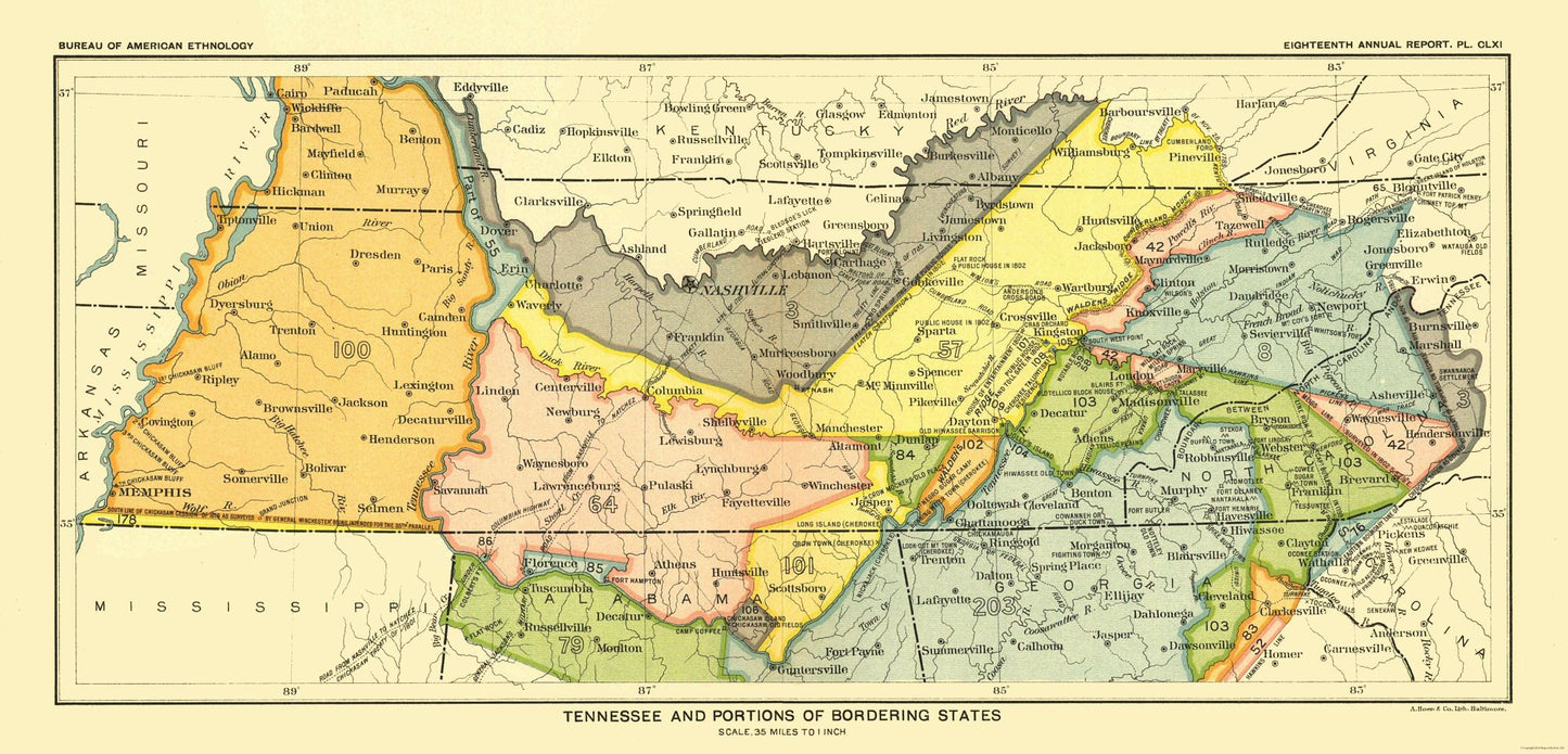 Historic State Map - Tennessee - Hoen 1896 - 47.84 x 23 - Vintage Wall Art