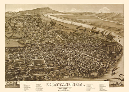 Historic Panoramic View - Chattanooga Tennessee - Wellge 1886 - 32.38 x 23 - Vintage Wall Art