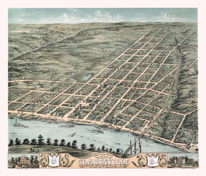 Historic Panoramic View - Clarksville Tennessee - Stoner 1870 - 26.87 x 23 - Vintage Wall Art