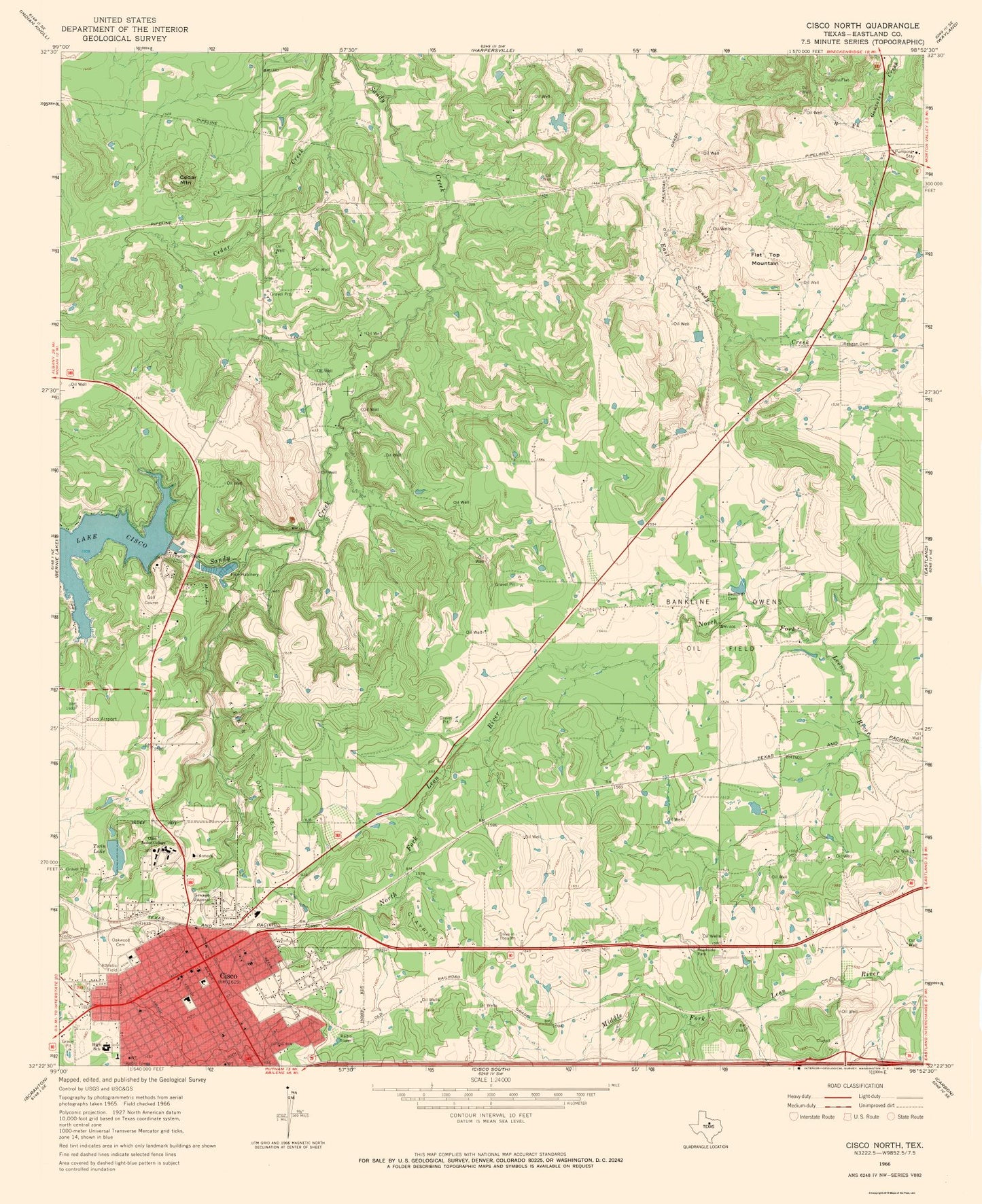 Topographical Map - Cisco Texas North Quad - USGS 1966 - 23 x 28.21 - Vintage Wall Art