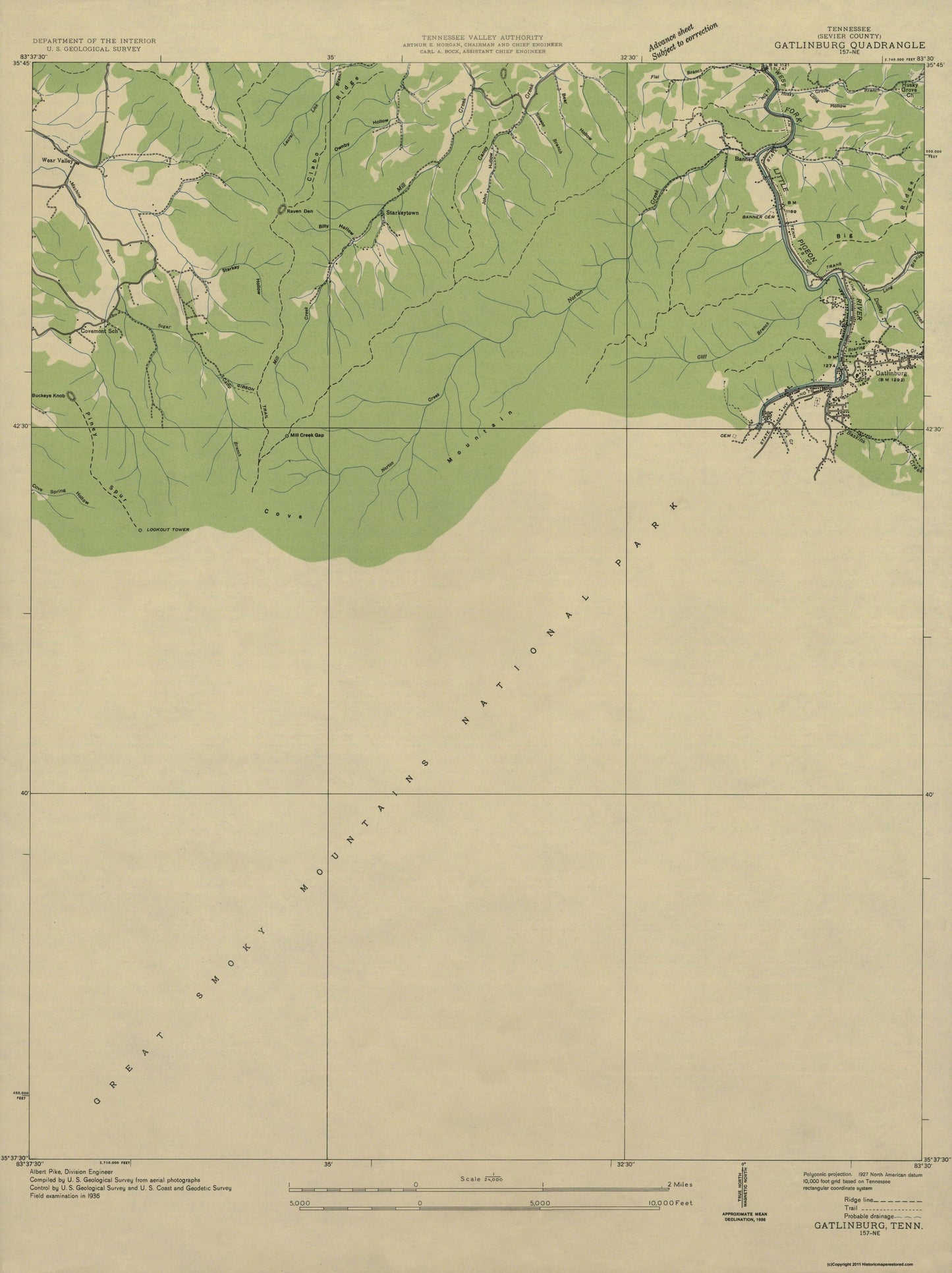 Topographical Map - Gatlinburg Tennessee Quad - USGS 1936 - 23 x 30.74 - Vintage Wall Art