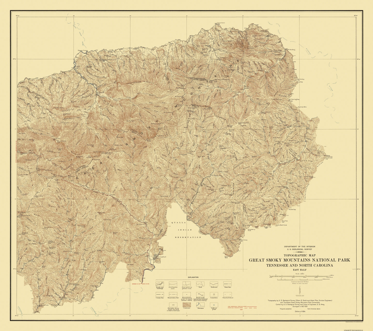 Topographical Map - Tennessee Great Smoky Mountain Region - USGS 1934 - 25.89 x 23 - Vintage Wall Art