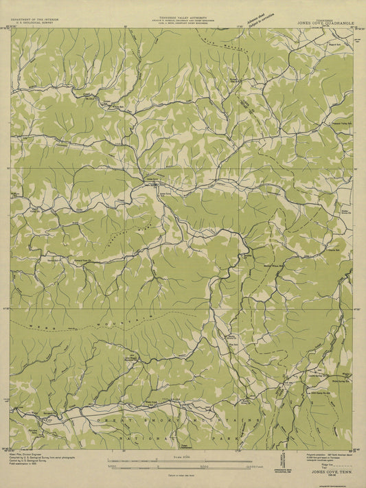 Topographical Map - Jones Cove Tennessee Quad - USGS 1935 - 23 x 30.70 - Vintage Wall Art