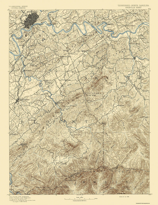 Topographical Map - Knoxville Tennessee North Carolina Sheet - USGS 1892 - 23 x 29.76 - Vintage Wall Art