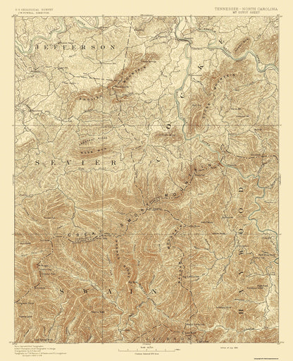 Topographical Map - Mt Guyot Tennessee North Carolina Sheet - USGS 1893 - 23 x 28.32 - Vintage Wall Art