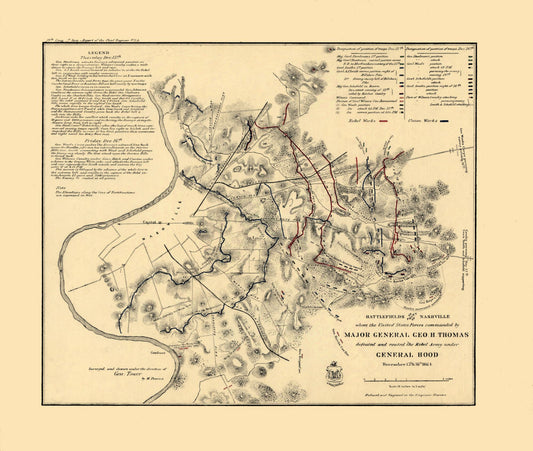 Historical Civil War Map - Nashville Tennessee - Peseux 1864 - 27.17 x 23 - Vintage Wall Art