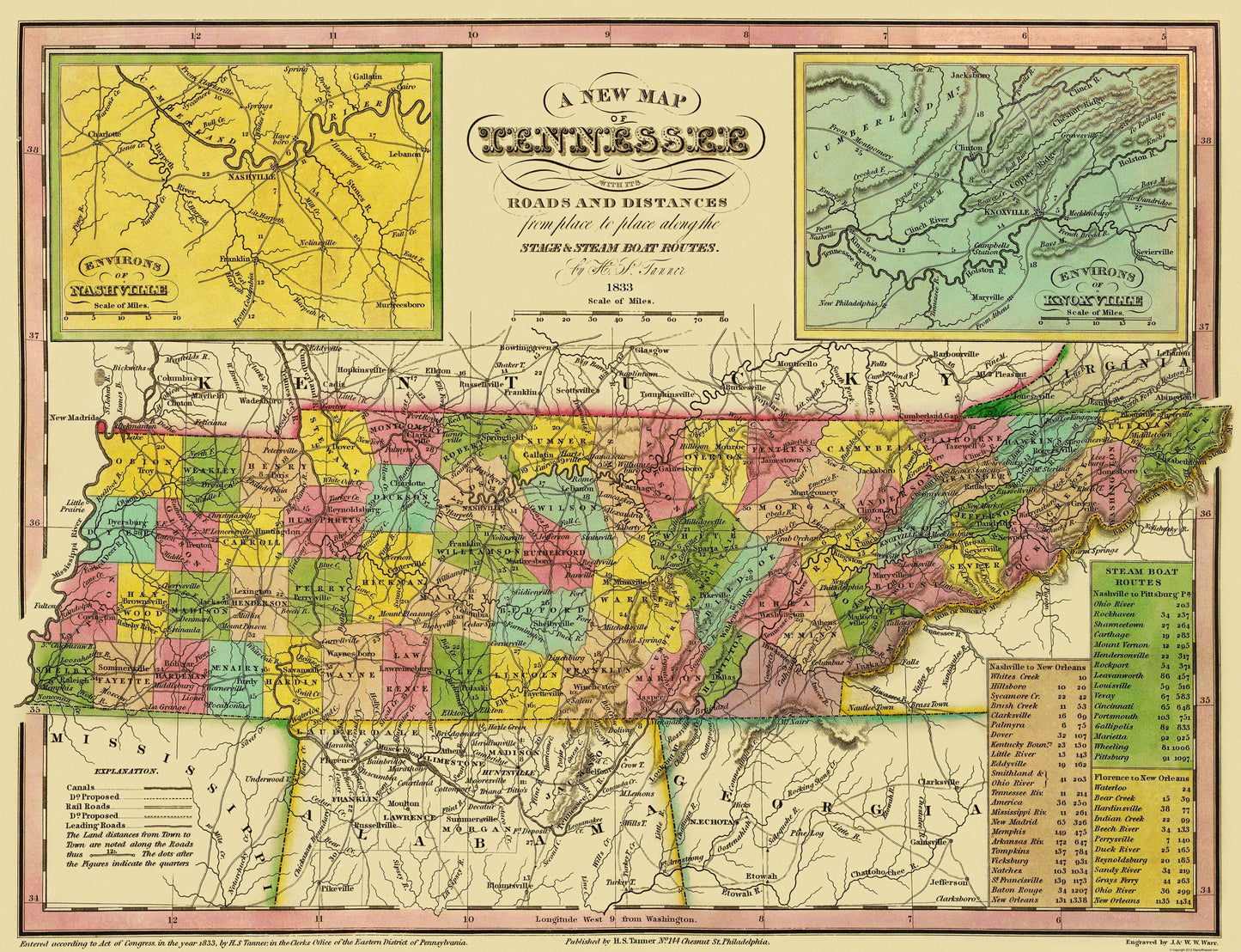 Historic State Map - Tennessee - Tanner 1833 - 30 x 23 - Vintage Wall Art