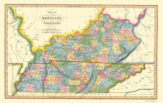 Historic State Map - Kentucky Tennessee Counties - Hinton 1831 - 23 x 36.21 - Vintage Wall Art