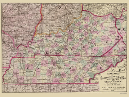 Railroad Map - Kentucky and Tennessee Railroads and Townships 1875 - 23 x 30 - Vintage Wall Art