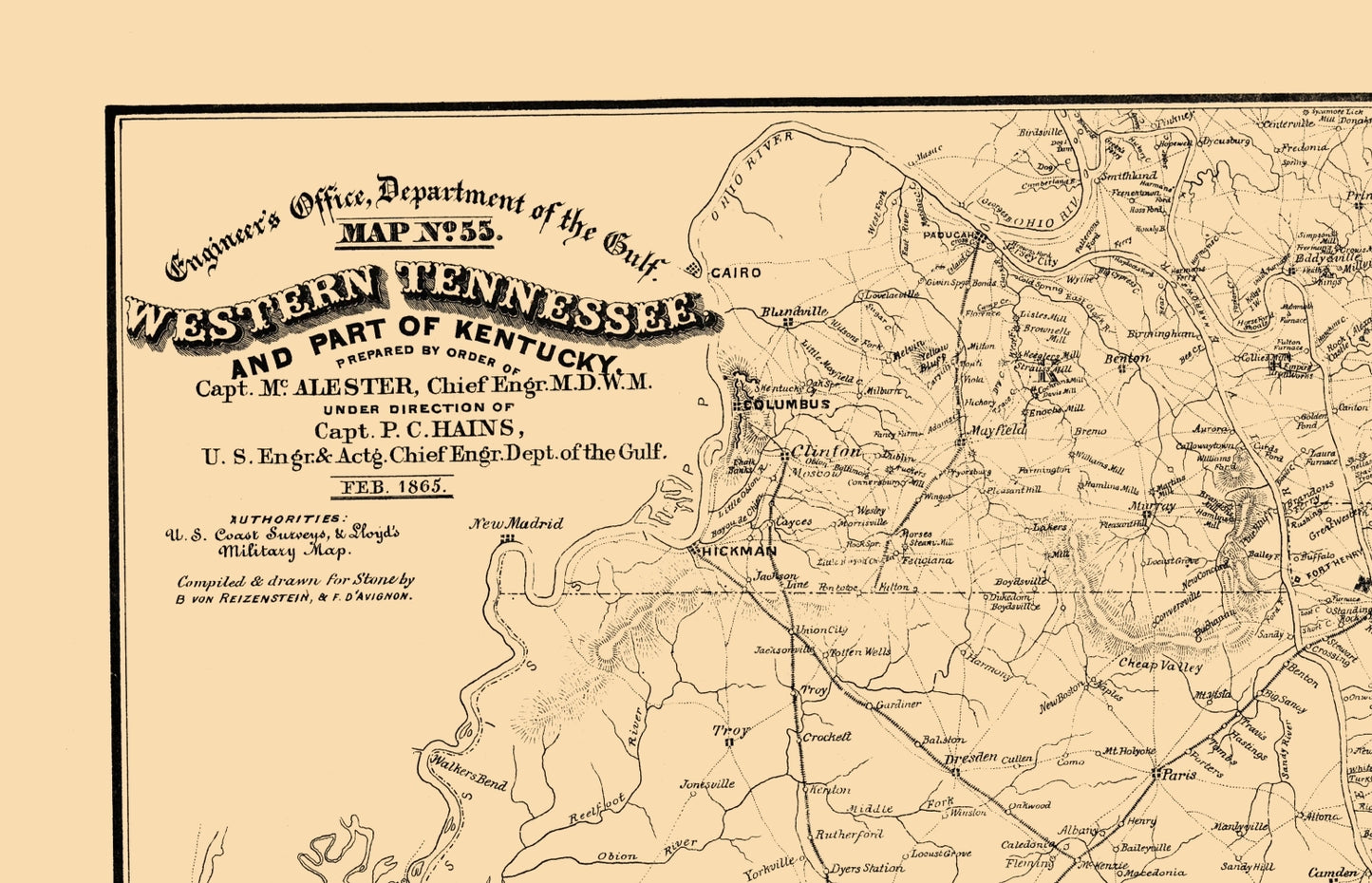 Historic State Map - Tennessee West Kentucky - Von Reizenstein 1865 - 23 x 35 - Vintage Wall Art