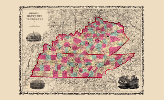 Historic State Map - Kentucky Tennessee - Johnson 1860 - 23 x 37.46 - Vintage Wall Art