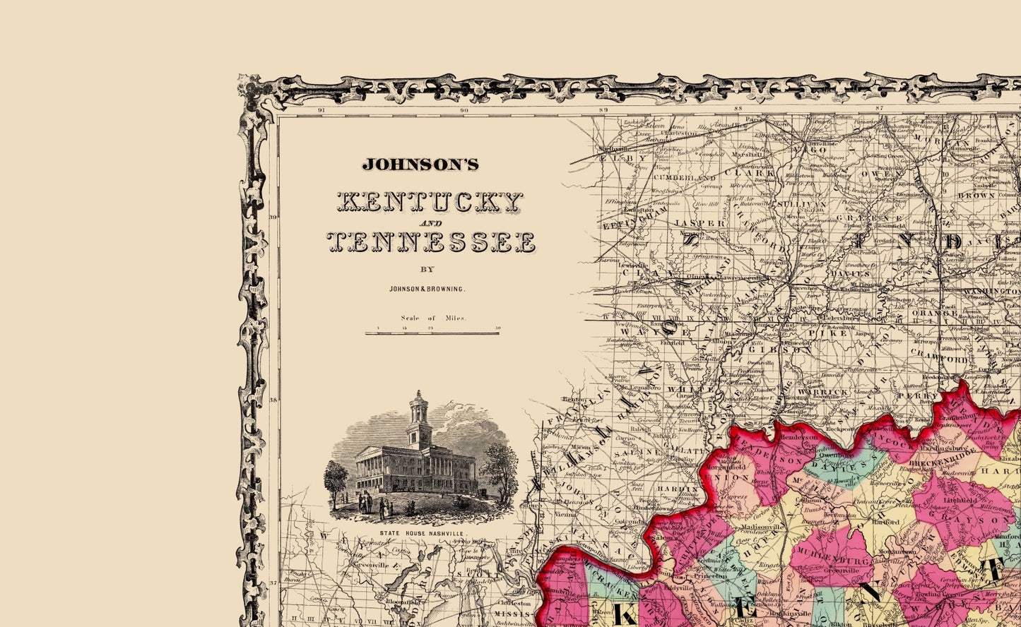 Historic State Map - Kentucky Tennessee - Johnson 1860 - 23 x 37.46 - Vintage Wall Art