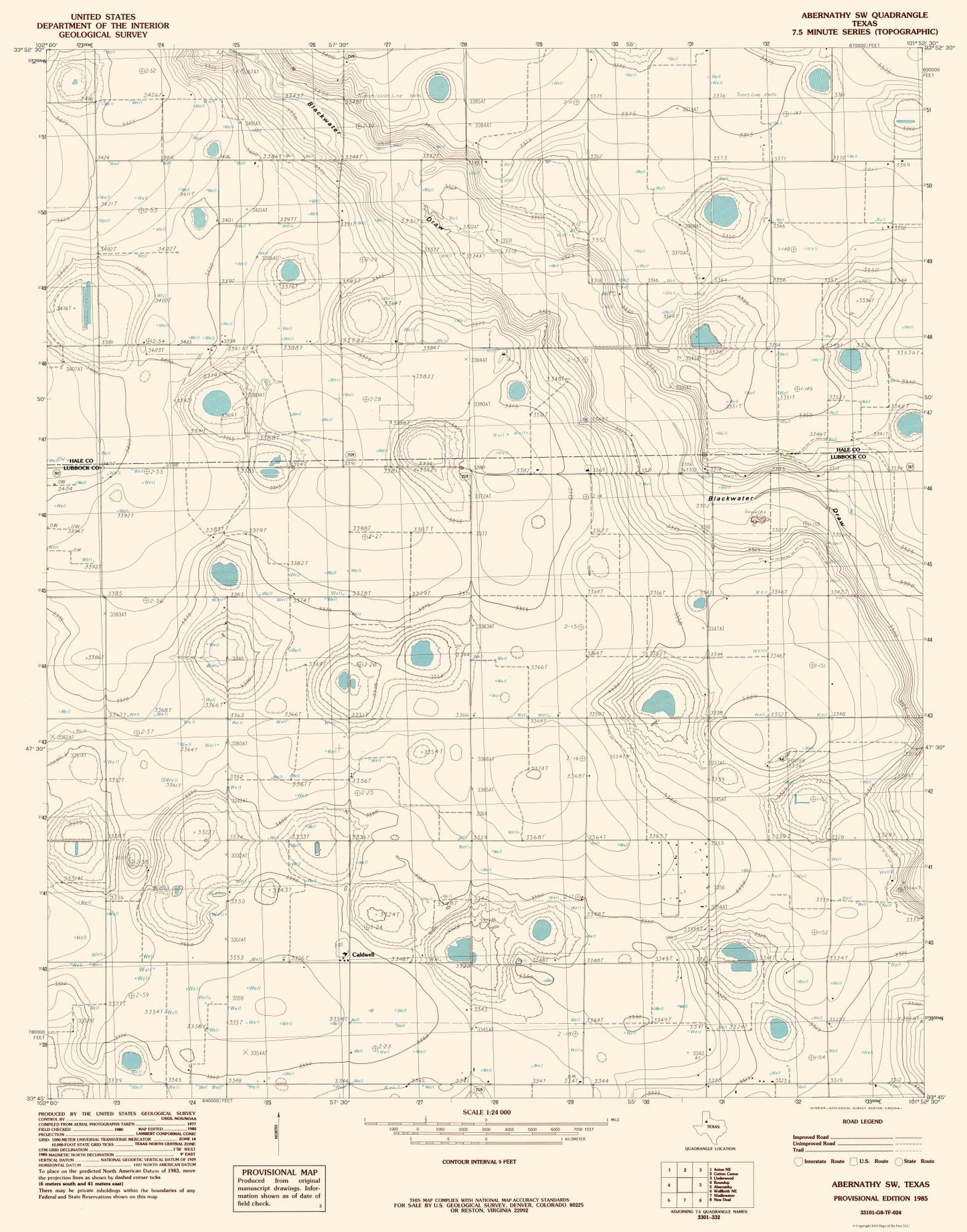 Topographical Map - Abernathy Texas South West Quad - USGS 1985 - 23 x 29.30 - Vintage Wall Art