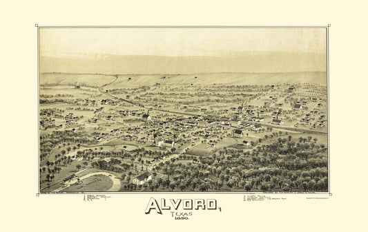 Historic Panoramic View - Alvord Texas - Fowler 1890 - 23 x 36.42 - Vintage Wall Art