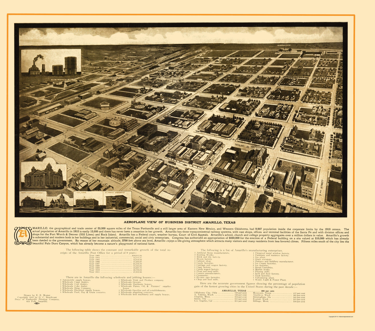 Historic Panoramic View - Amarillo Texas - Sturdivant 1912 - 23 x 26.04 - Vintage Wall Art