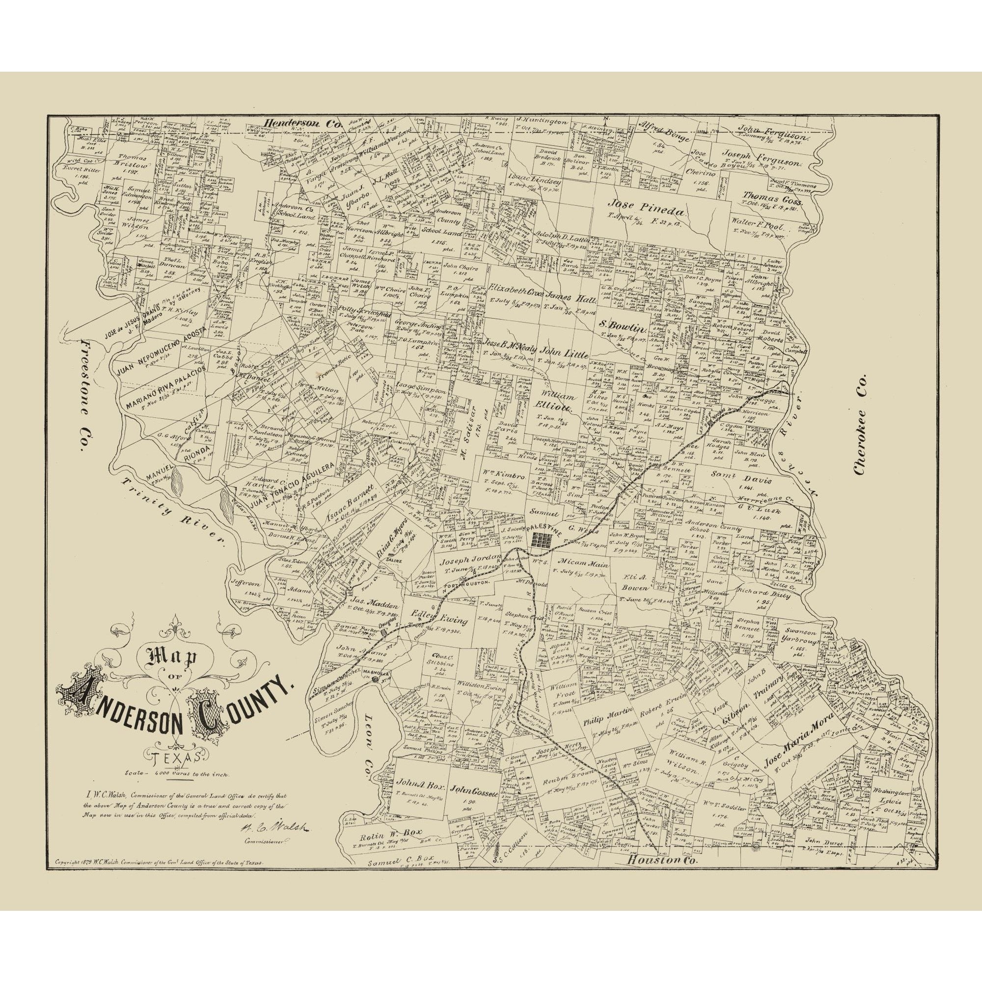 Anderson Texas Historic County Map - Anderson County Texas - Walsh 1879 - 26.91 x 23 ...