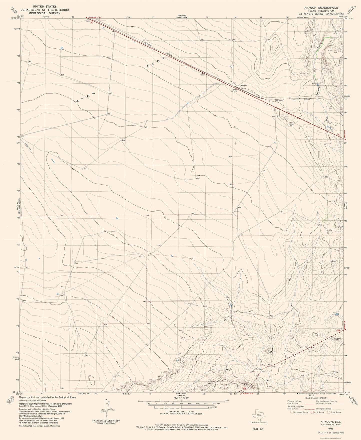 Topographical Map - Aragon Texas Quad - USGS 1983 - 23 x 27.96 - Vintage Wall Art