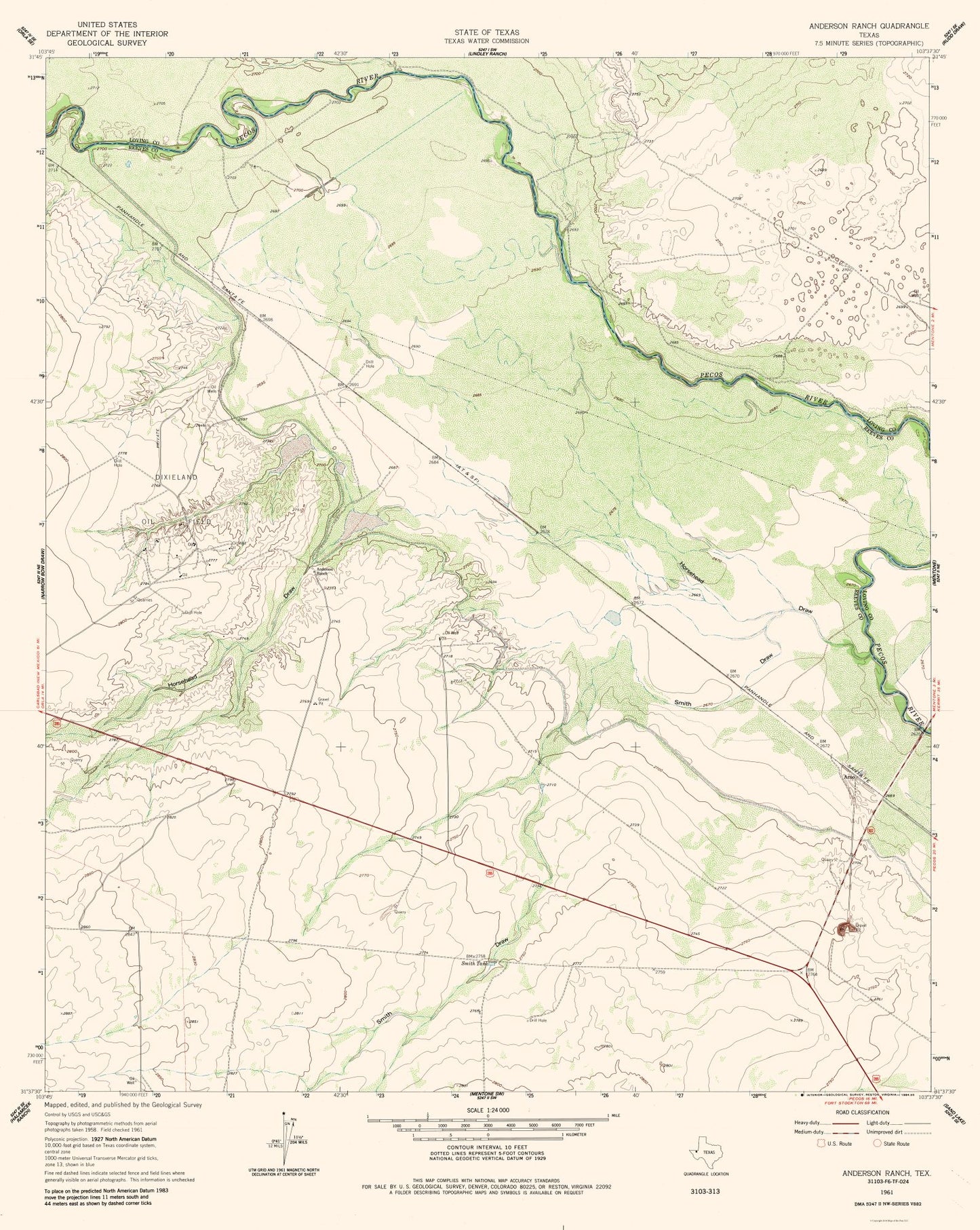 Topographical Map - Anderson Ranch Texas Quad - USGS 1961 - 23 x 28.86 - Vintage Wall Art