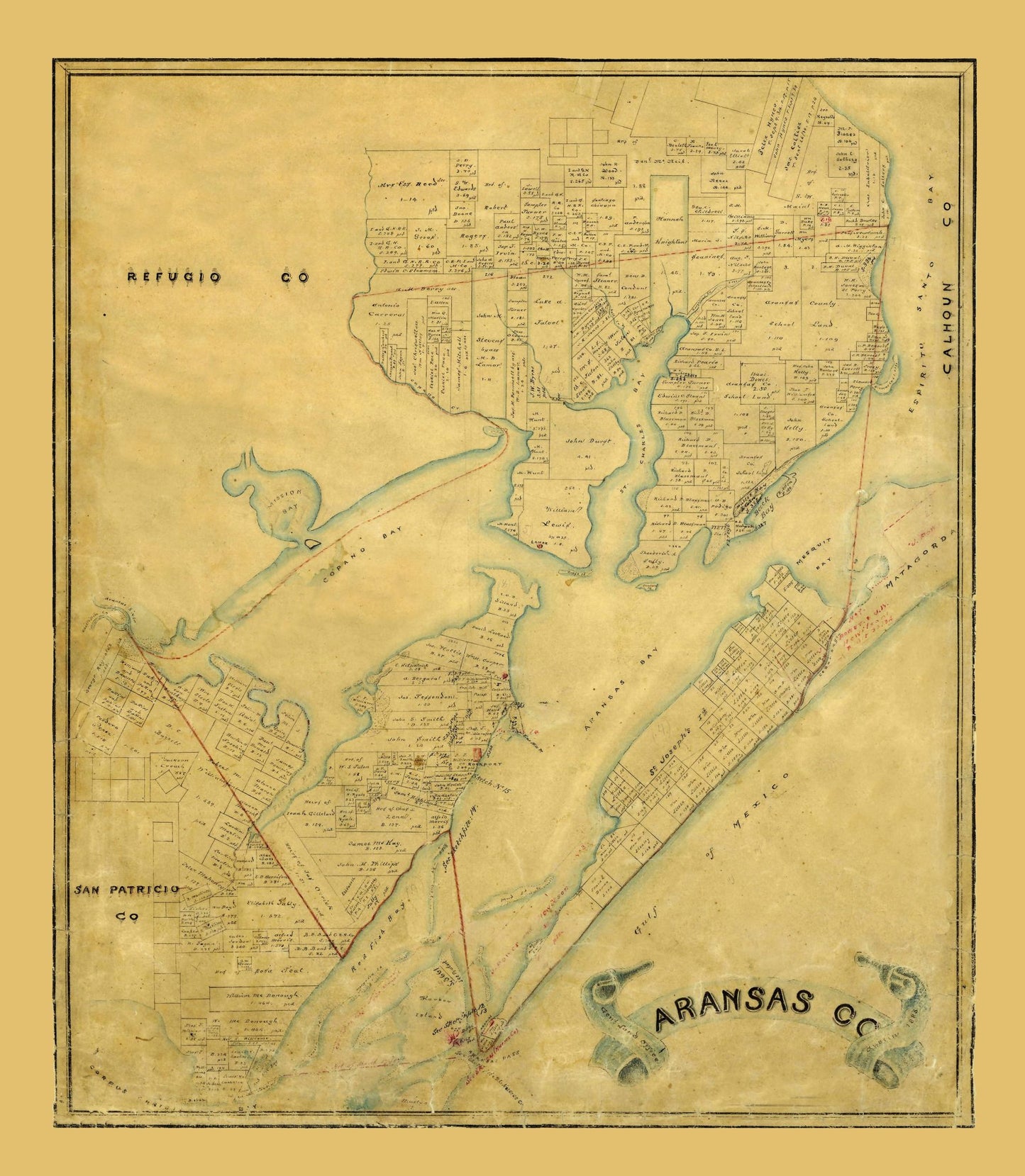 Historic County Map - Aransas County Texas - General Land Office 1883 - 23 x 26.41 - Vintage Wall Art