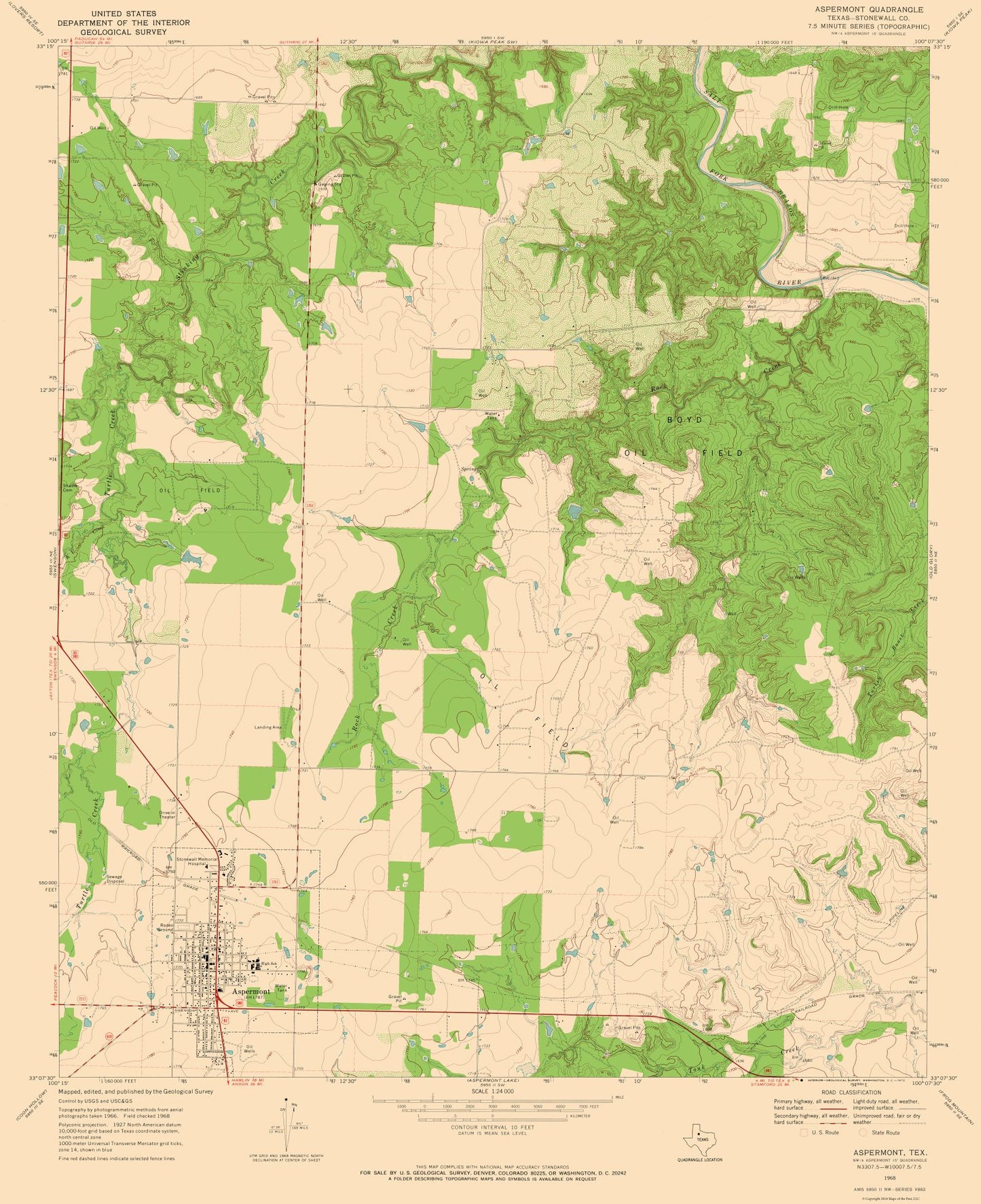 Topographical Map - Aspermont Texas Quad - USGS 1968 - 23 x 28.23 - Vintage Wall Art